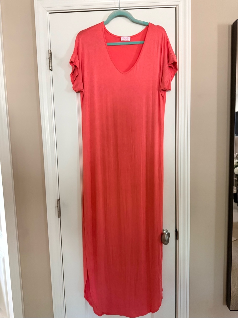 Coral V-Neck Short Sleeve Maxi Dress